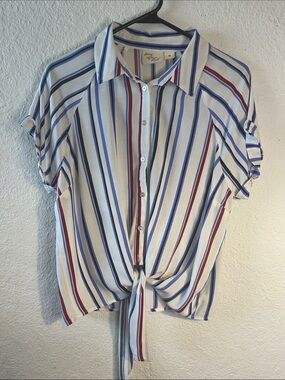 Striped Tie-Front Button-Up Shirt - White with Blue & Red Stripes Size M